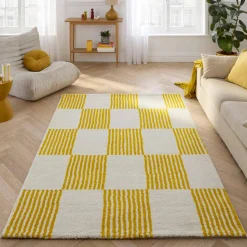 Alfombra interior con motivo damero amarillo y blanco