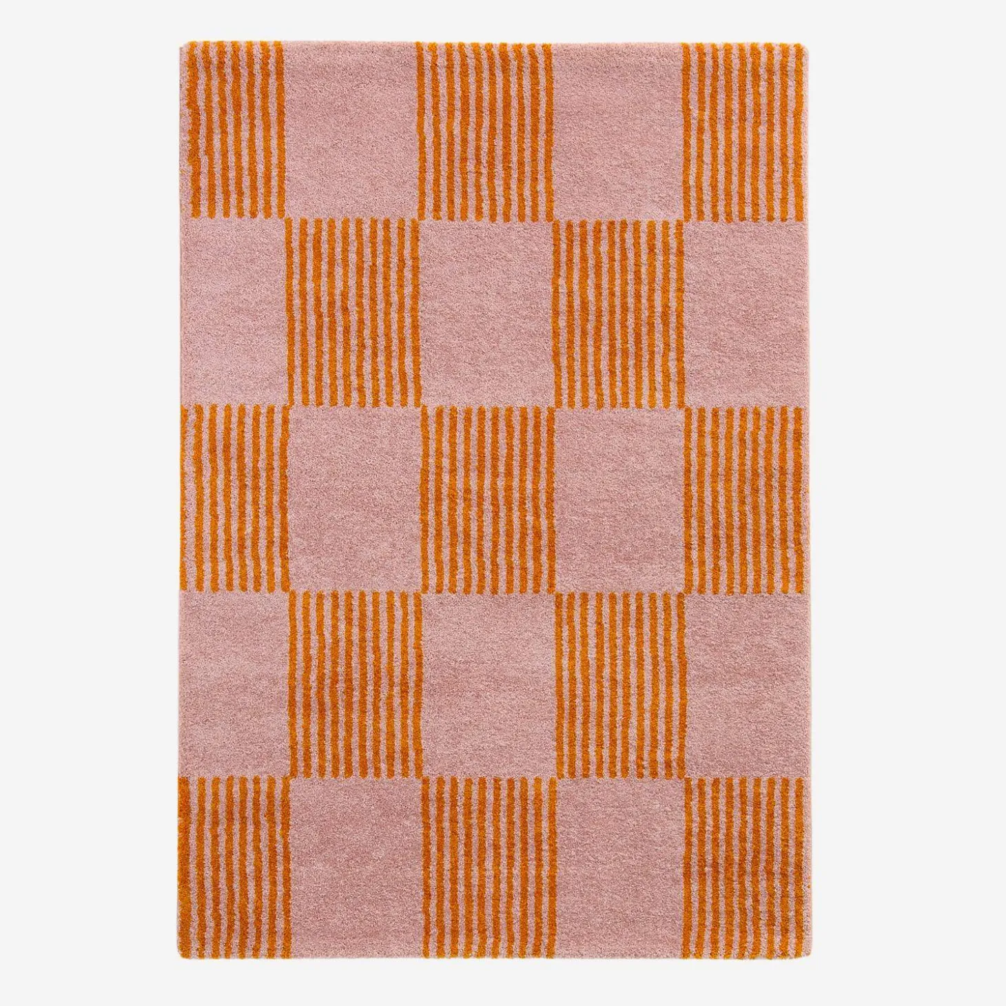 Alfombra interior con patrón damero naranja y rosa
