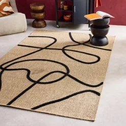 Alfombra interior efecto yute, motivo gráfico en relieve negro