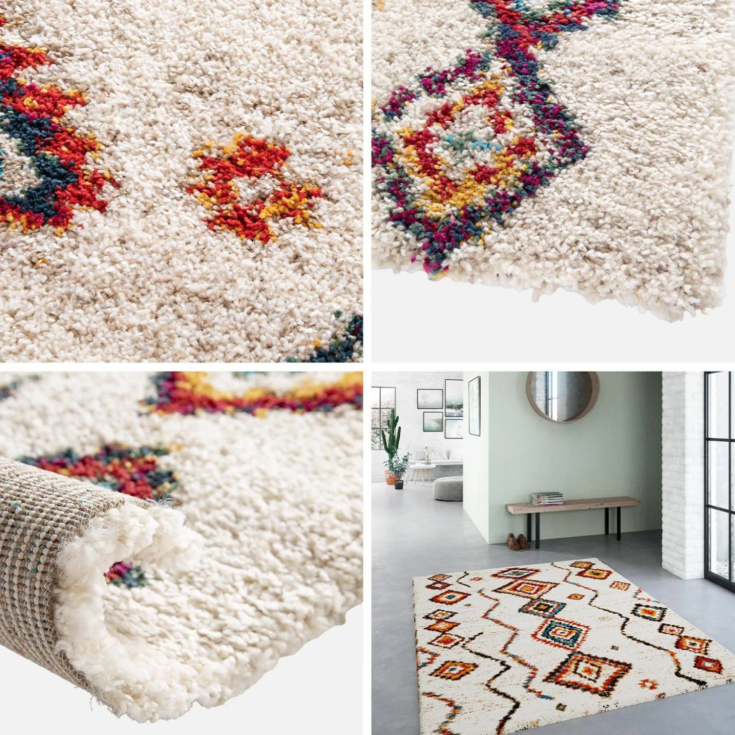 Alfombra interior estilo shaggy bereber color crema y multicolor