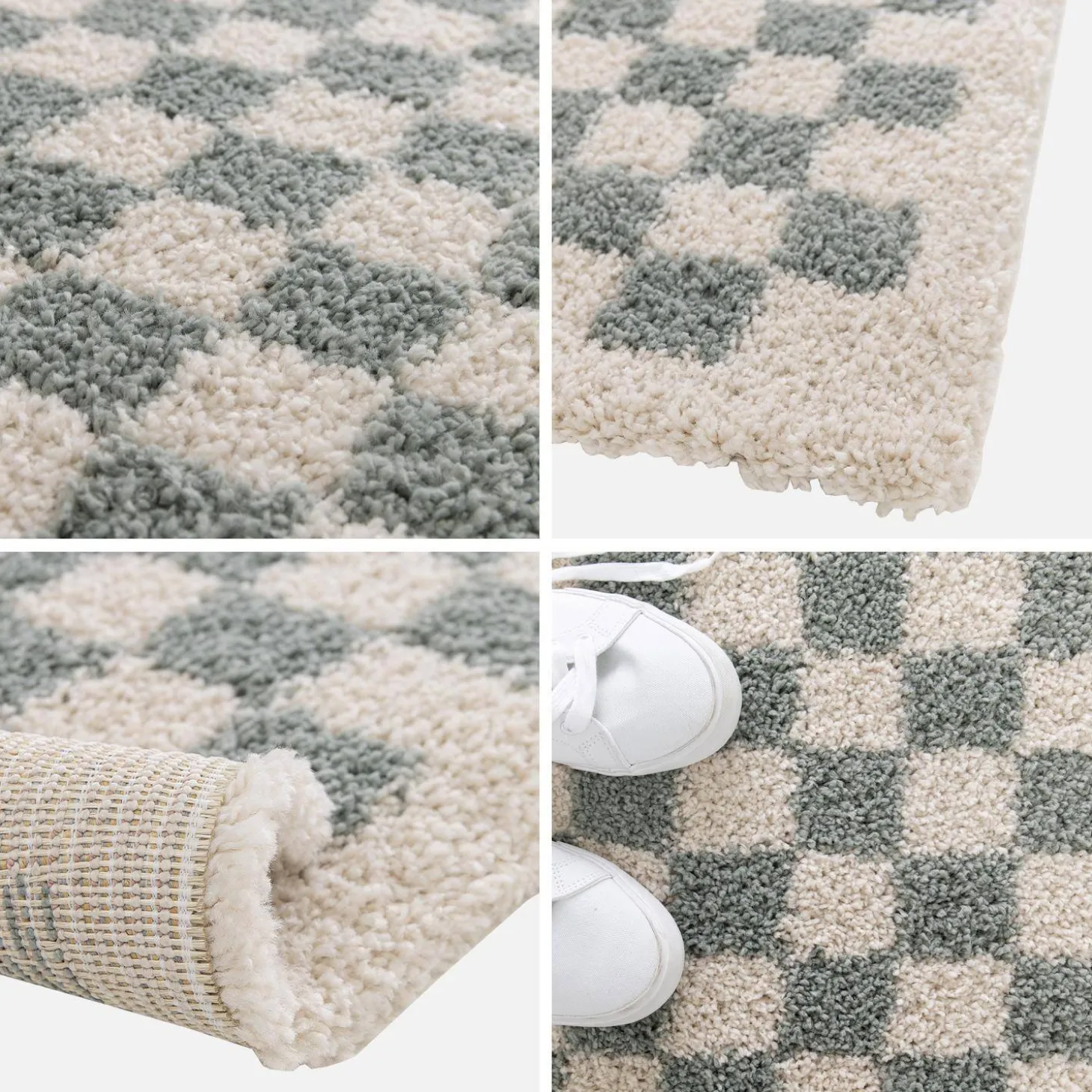 Alfombra interior shaggy damero azul claro y crema