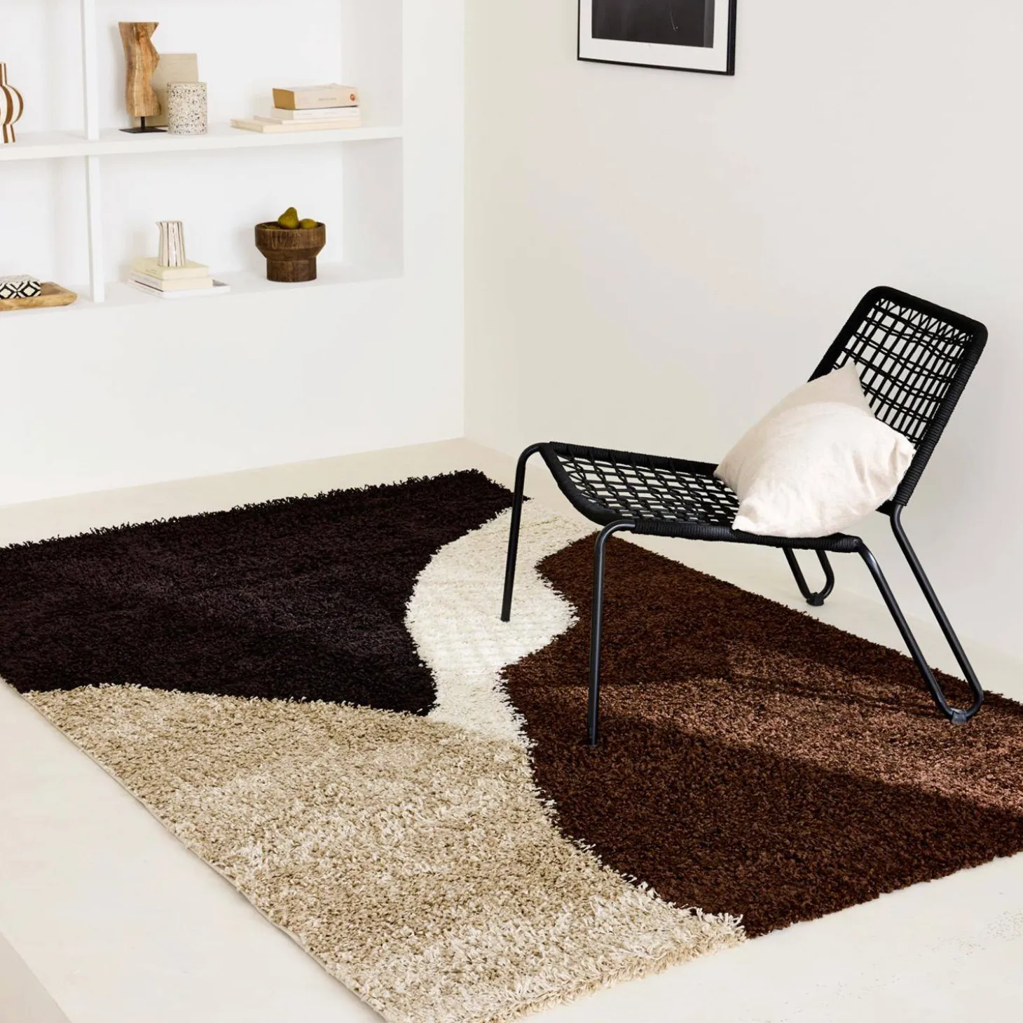 Alfombra interior shaggy motivos geométricos beige, marrón, negro