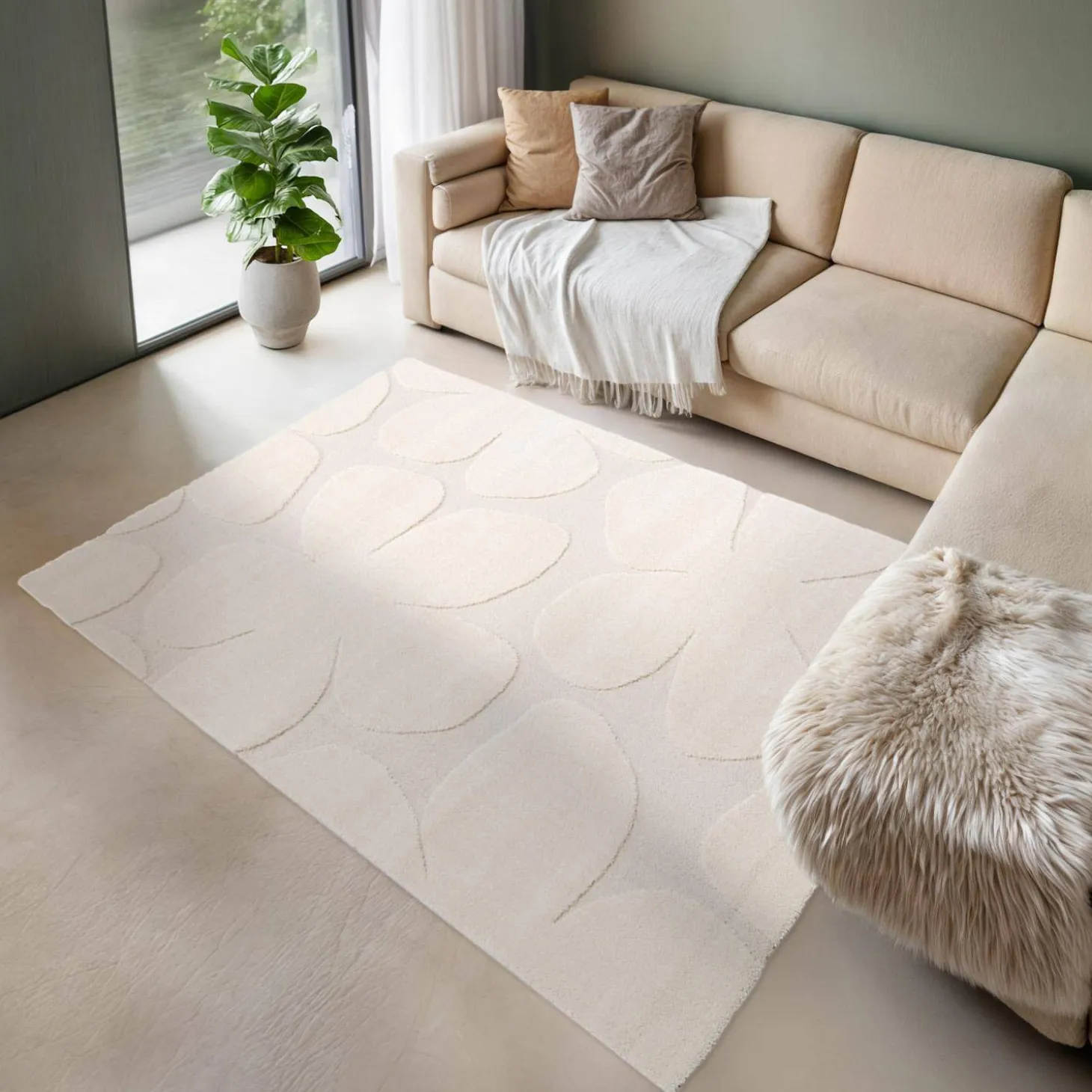 Alfombra interior shaggy diseño floral beige