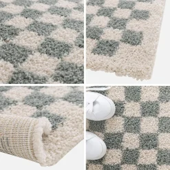 Alfombra interior shaggy damero azul claro y crema