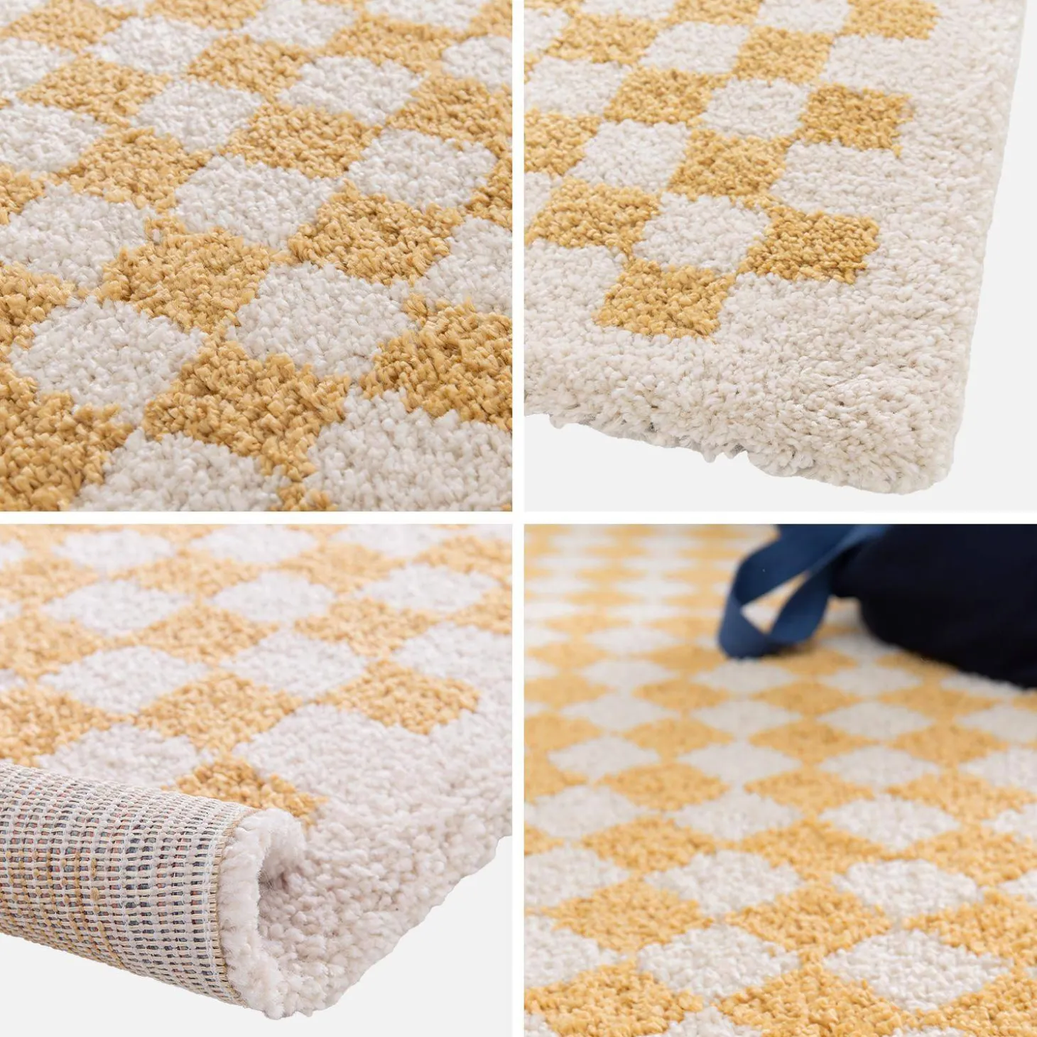 Alfombra interior shaggy damero amarillo mostaza y crema
