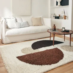 Alfombra interior shaggy motivos circulares beige, marrón, negro