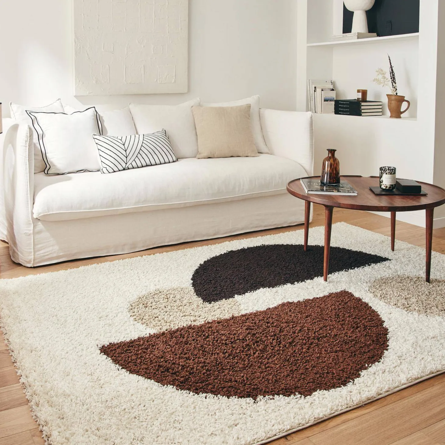 Alfombra interior shaggy motivos circulares beige, marrón, negro