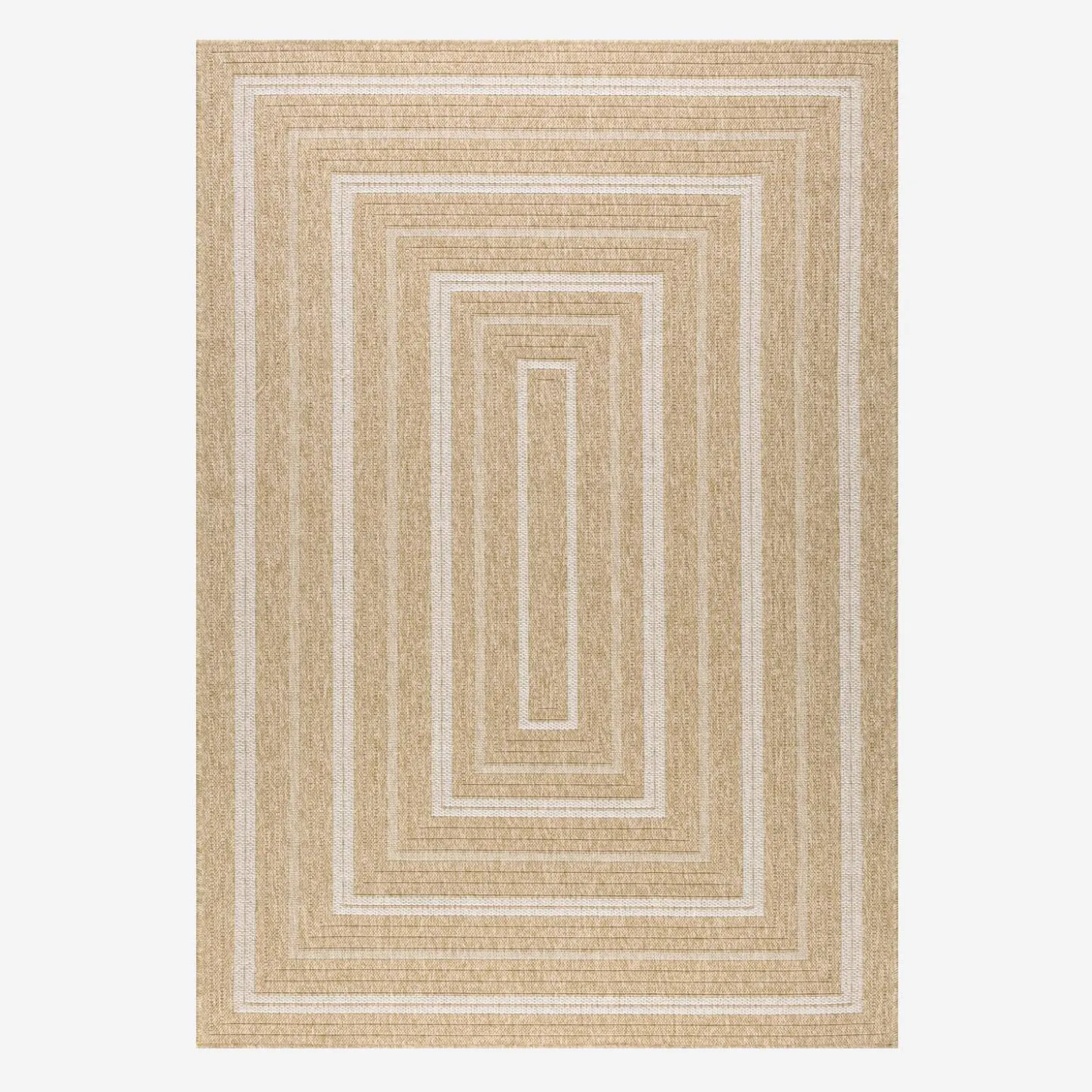Alfombra interior/exterior efecto tela de yute beige con motivos