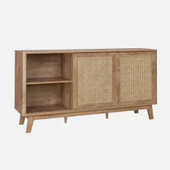 Aparador con 2 puertas correderas y estantes efecto madera y caña, 150cm