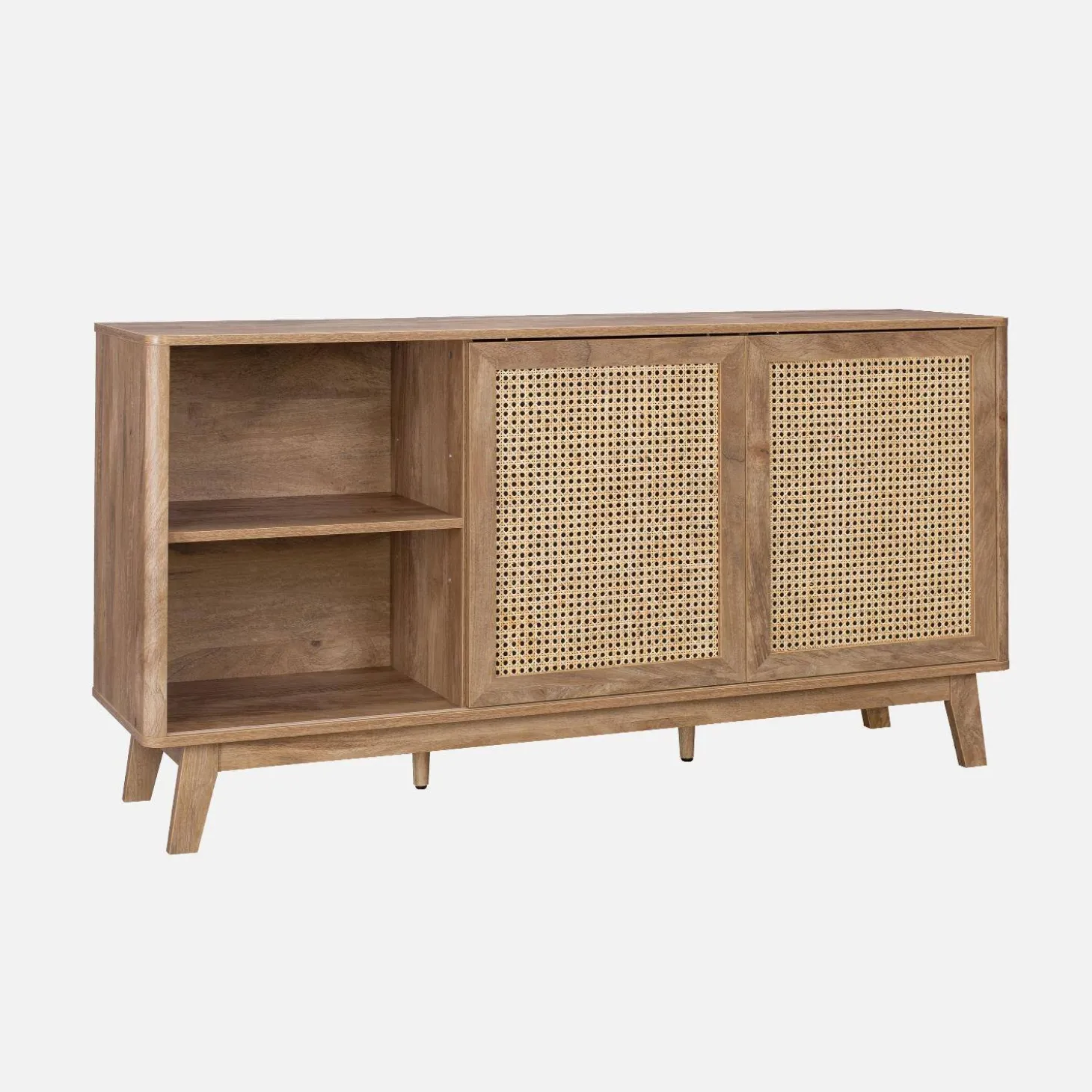 Aparador con 2 puertas correderas y estantes efecto madera y caña, 150cm