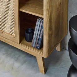 Aparador con 2 puertas correderas y estantes efecto madera y caña, 150cm