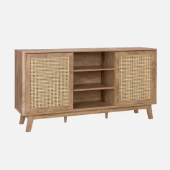 Aparador con 2 puertas correderas y estantes efecto madera y caña, 150cm
