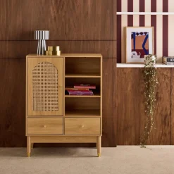 Aparador con decoración de madera y mimbre 1 puerta, 75cm