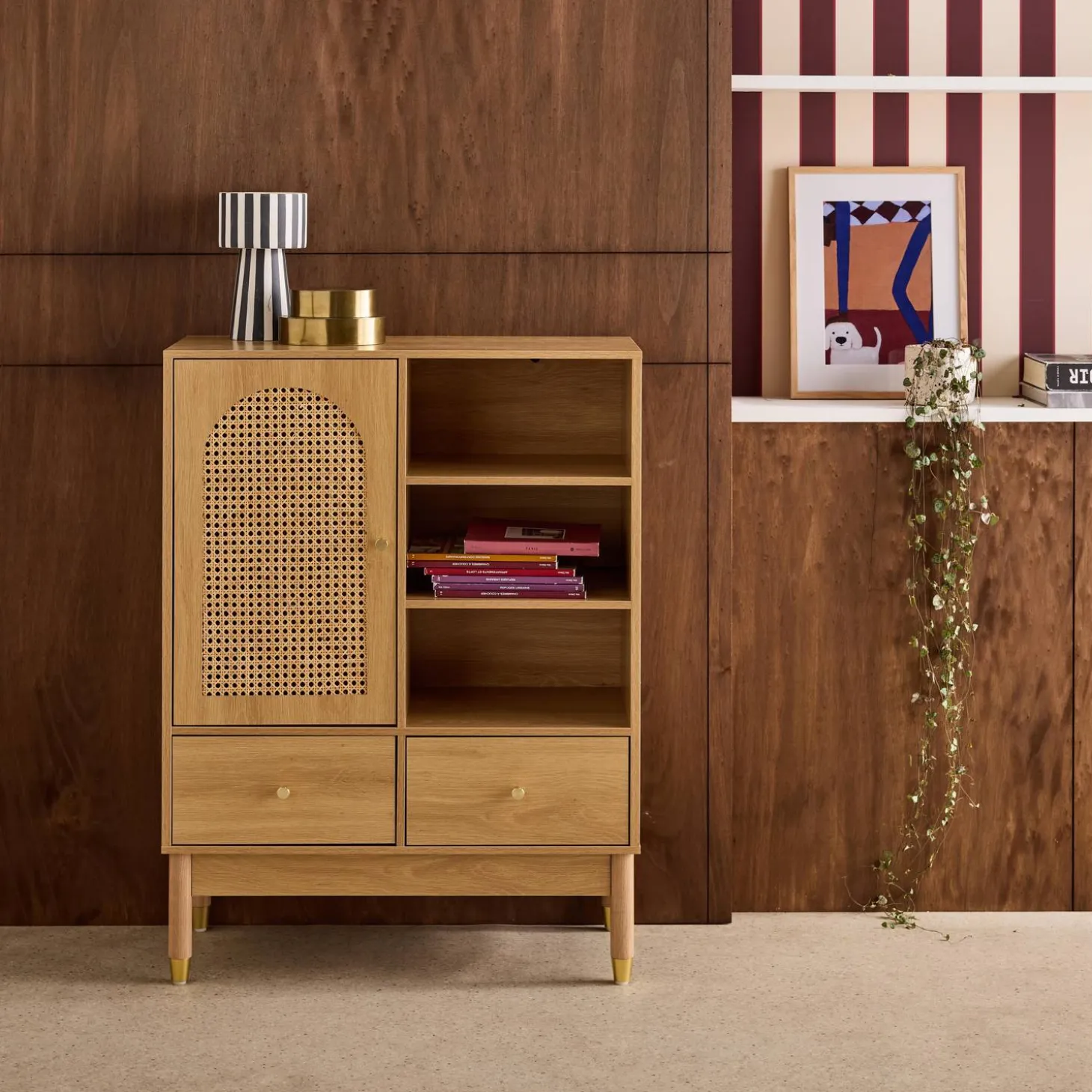 Aparador con decoración de madera y mimbre 1 puerta, 75cm