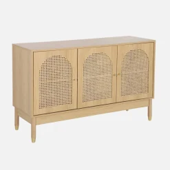 Aparador con decoración madera y mimbre 3 puertas, 120cm