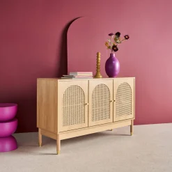Aparador con decoración madera y mimbre 3 puertas, 120cm
