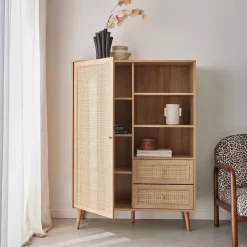 Aparador con efecto de caña y madera de 2 cajones, 101cm