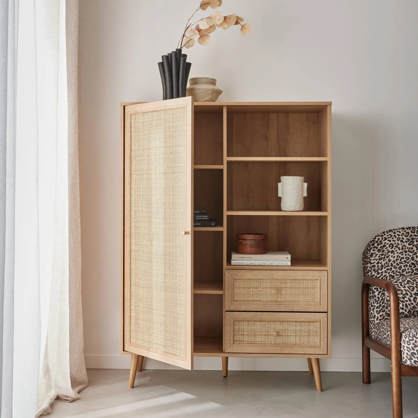 Aparador con efecto de caña y madera de 2 cajones, 101cm