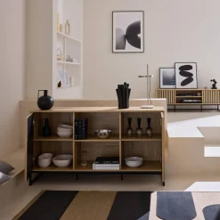 Aparador contemporáneo acanalado efecto madera de 2 puertas, 140cm