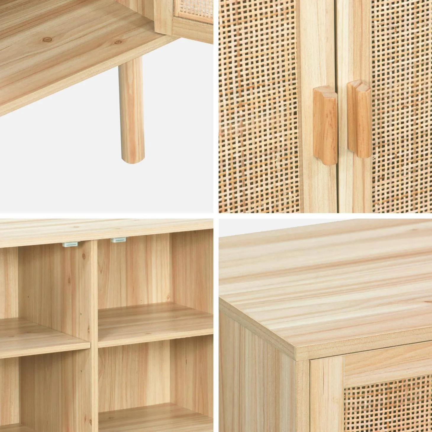 Aparador de 3 puertas con mimbre y efecto madera