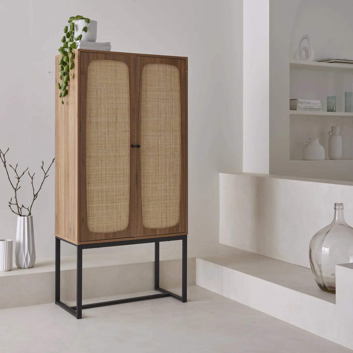 Aparador de 2 puertas de caña y madera, 165cm