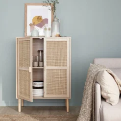Aparador de efecto caña y madera con 2 puertas, 80cm