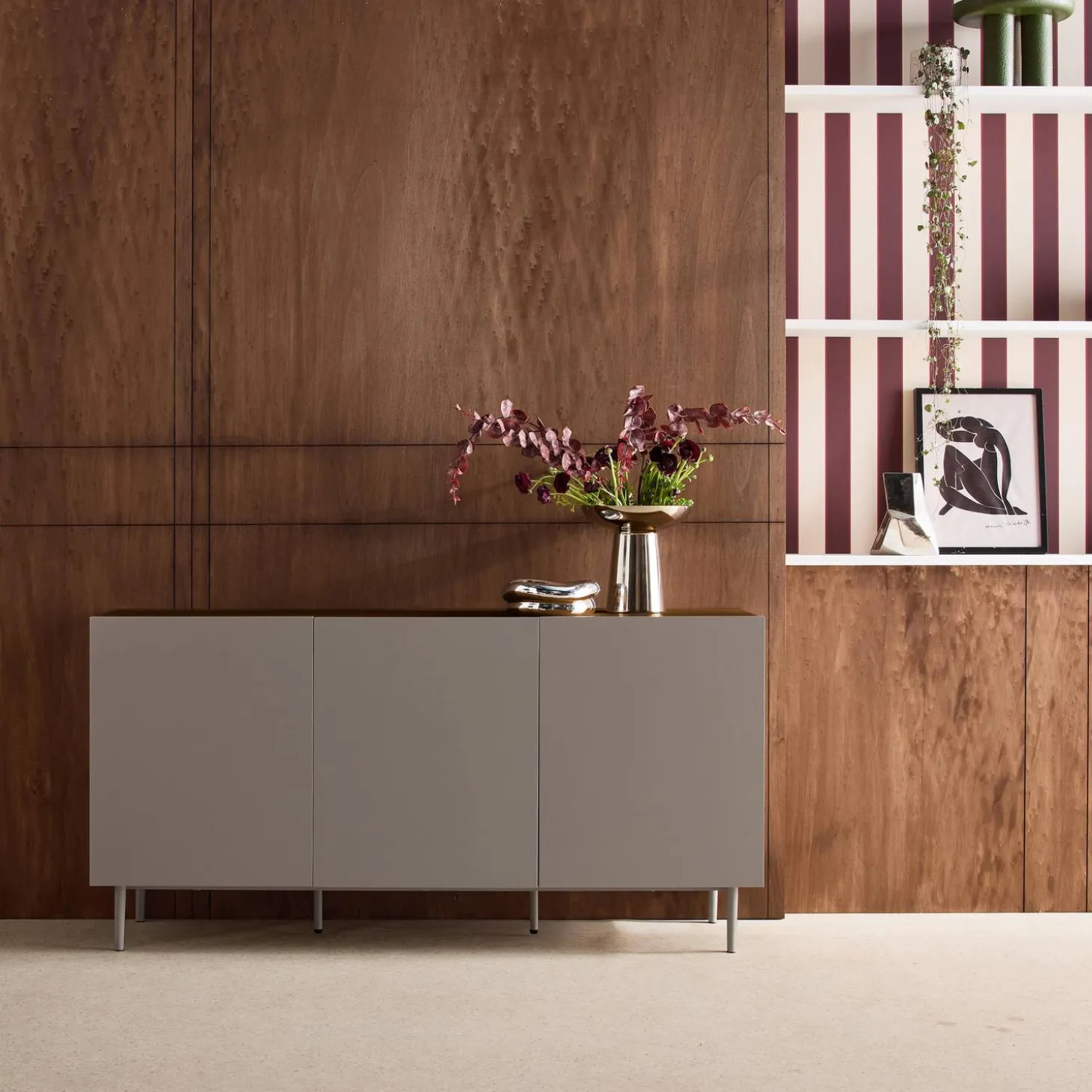 Aparador de metal y decoración de madera 3 puertas, 150cm