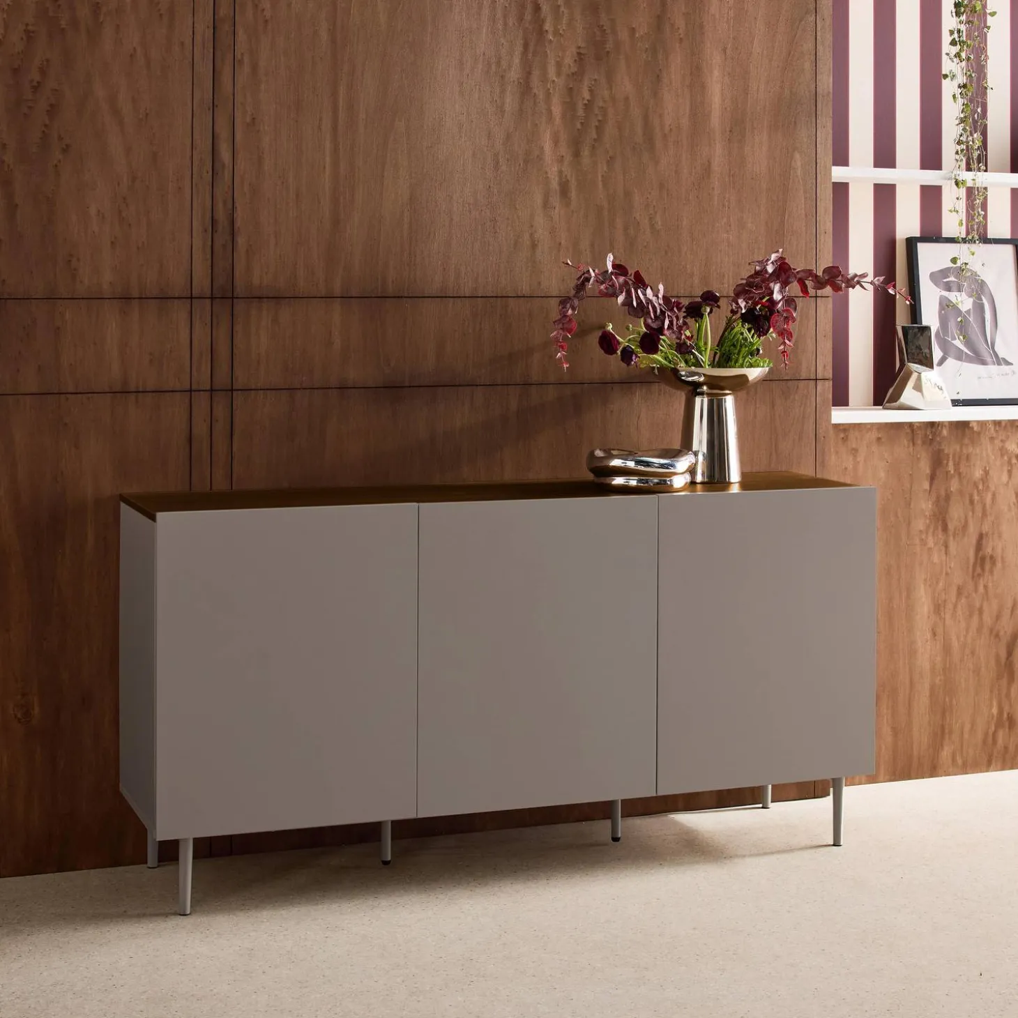 Aparador de metal y decoración de madera 3 puertas, 150cm