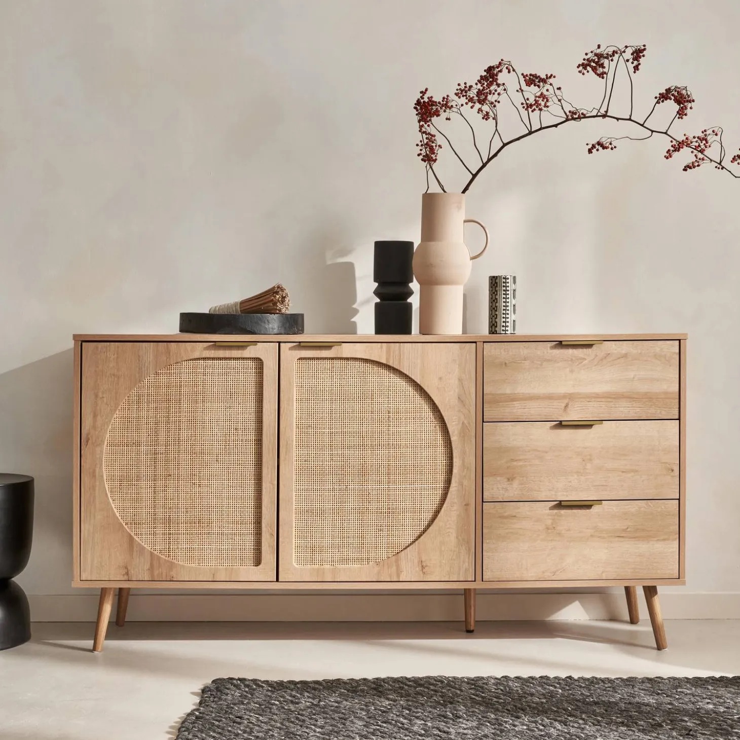 Aparador efecto madera de 2 puertas y 3 cajones, 150cm