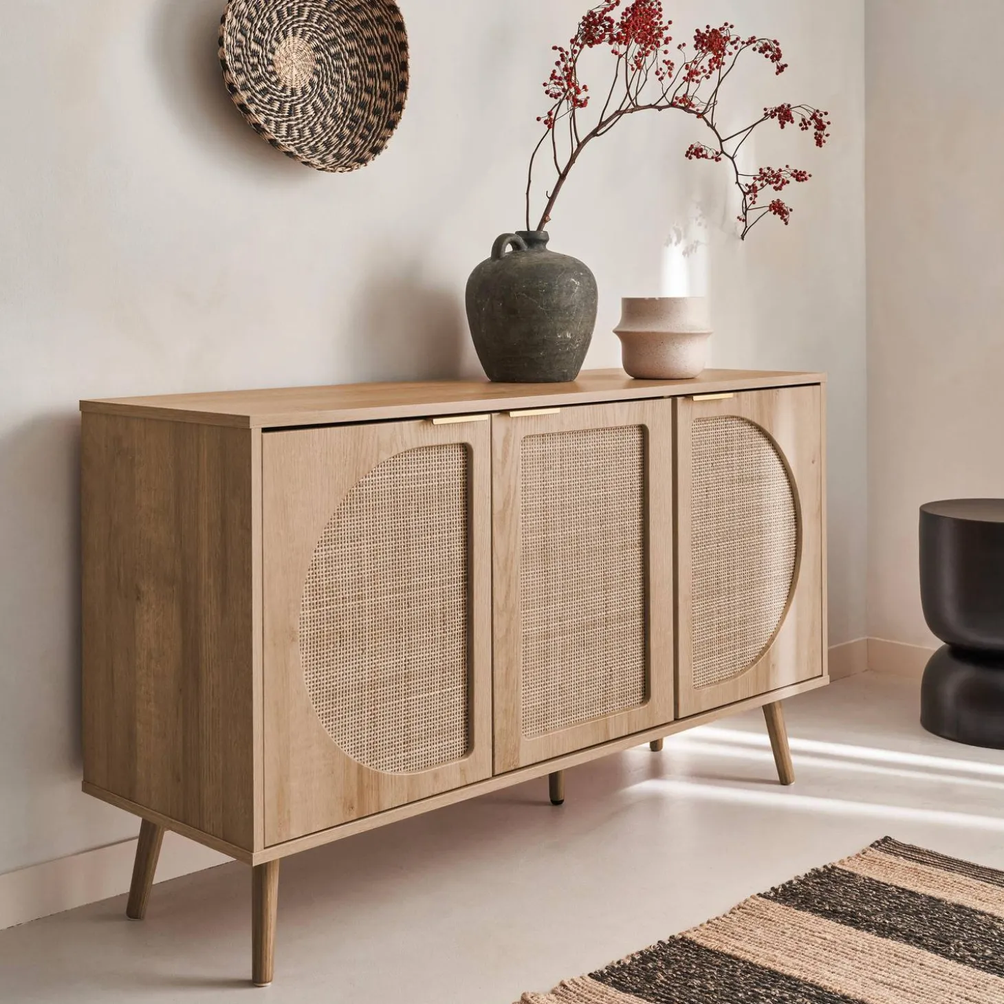 Aparador escandinavo con efecto madera de 3 puertas, 120cm