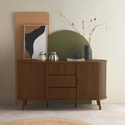 Aparador escandinavo efecto madera ranurada con 2 puertas correderas, 150cm
