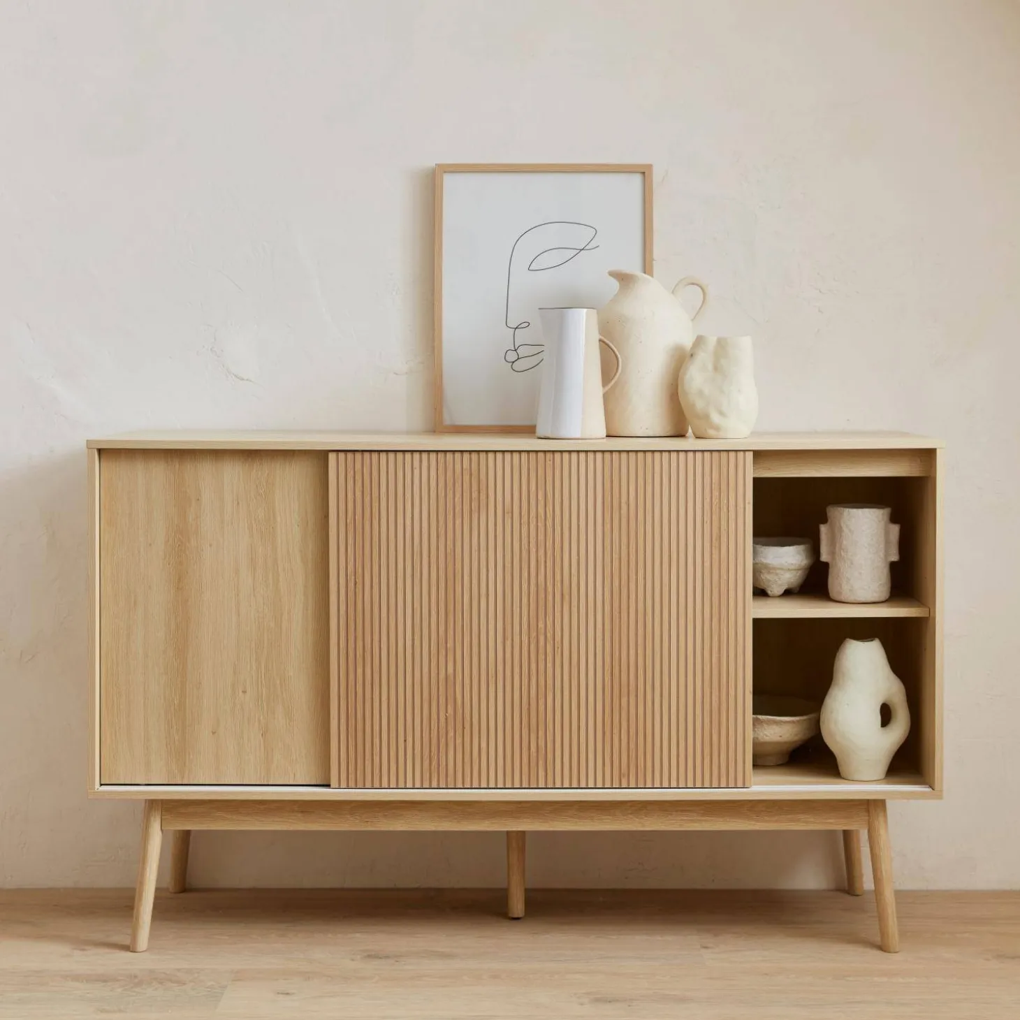 Aparador escandinavo efecto madera con 2 puertas, 150cm