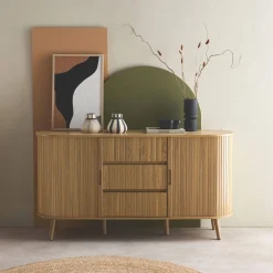 Aparador escandinavo efecto madera ranurada con 2 puertas correderas, 150cm