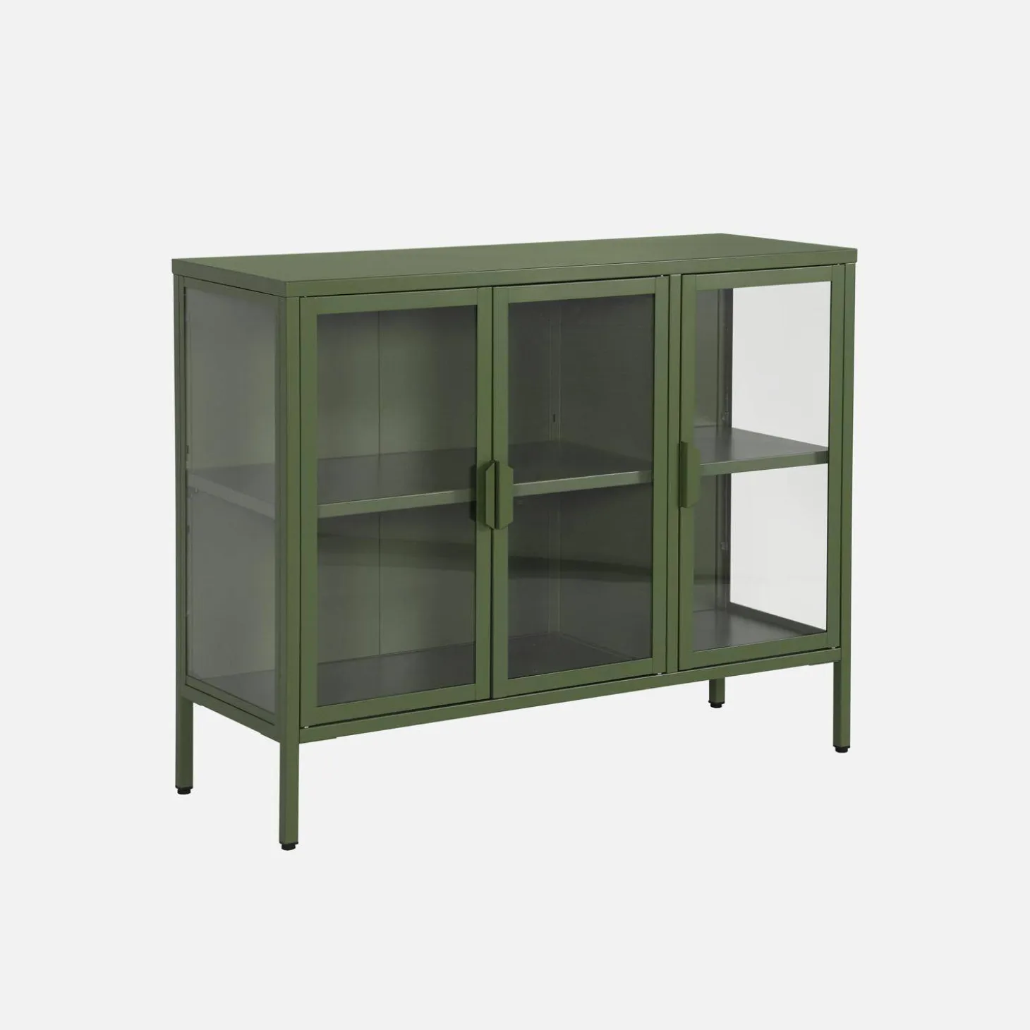 Aparador industrial de metal y vidrio templado 3 puertas, 100cm
