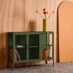 Aparador industrial de metal y vidrio templado 3 puertas, 100cm