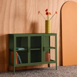 Aparador industrial de metal y vidrio templado 3 puertas, 100cm