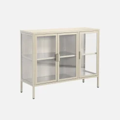 Aparador industrial de metal y vidrio templado 3 puertas, 100cm