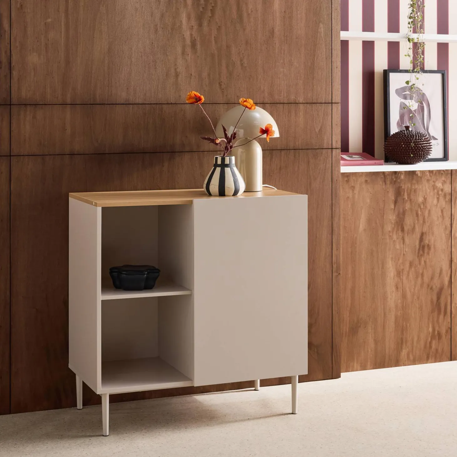 Aparador, mueble de almacenamiento de metal y decoración de madera 1 puerta, 80cm