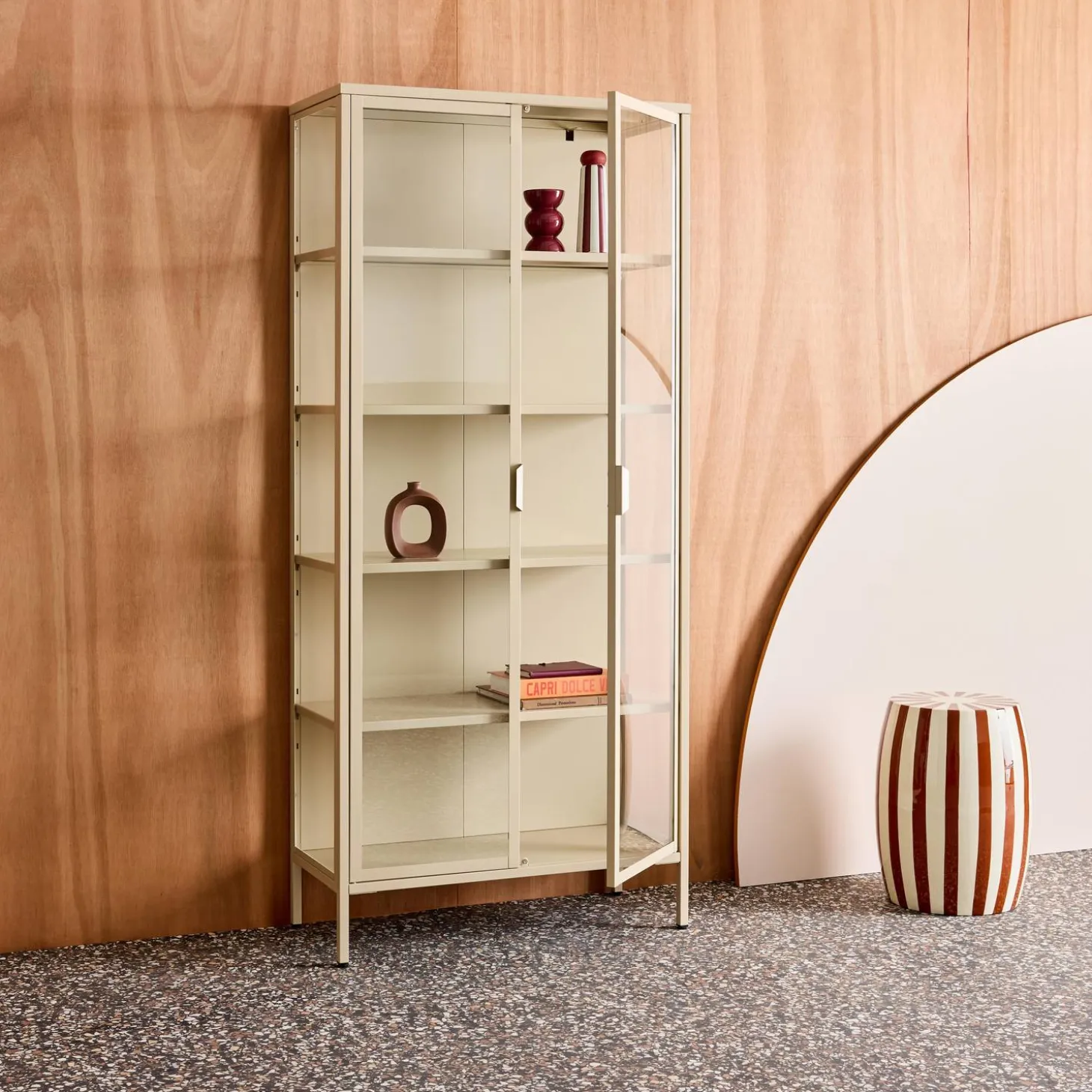 Aparador, vitrina de acero y vidrio templado con 2 puertas, 180cm