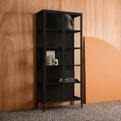 Aparador, vitrina de acero y vidrio templado con 2 puertas, 180cm