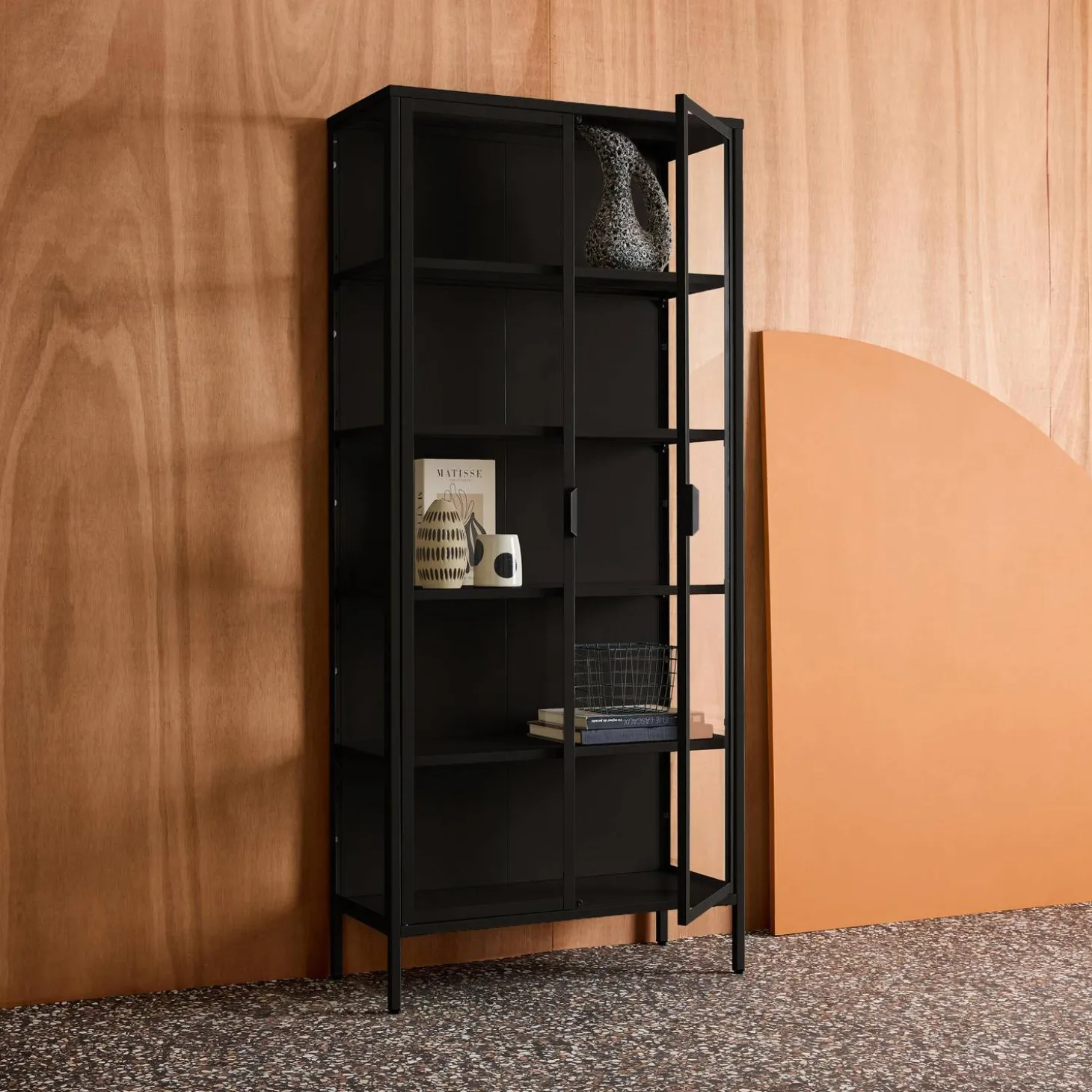 Aparador, vitrina de acero y vidrio templado con 2 puertas, 180cm