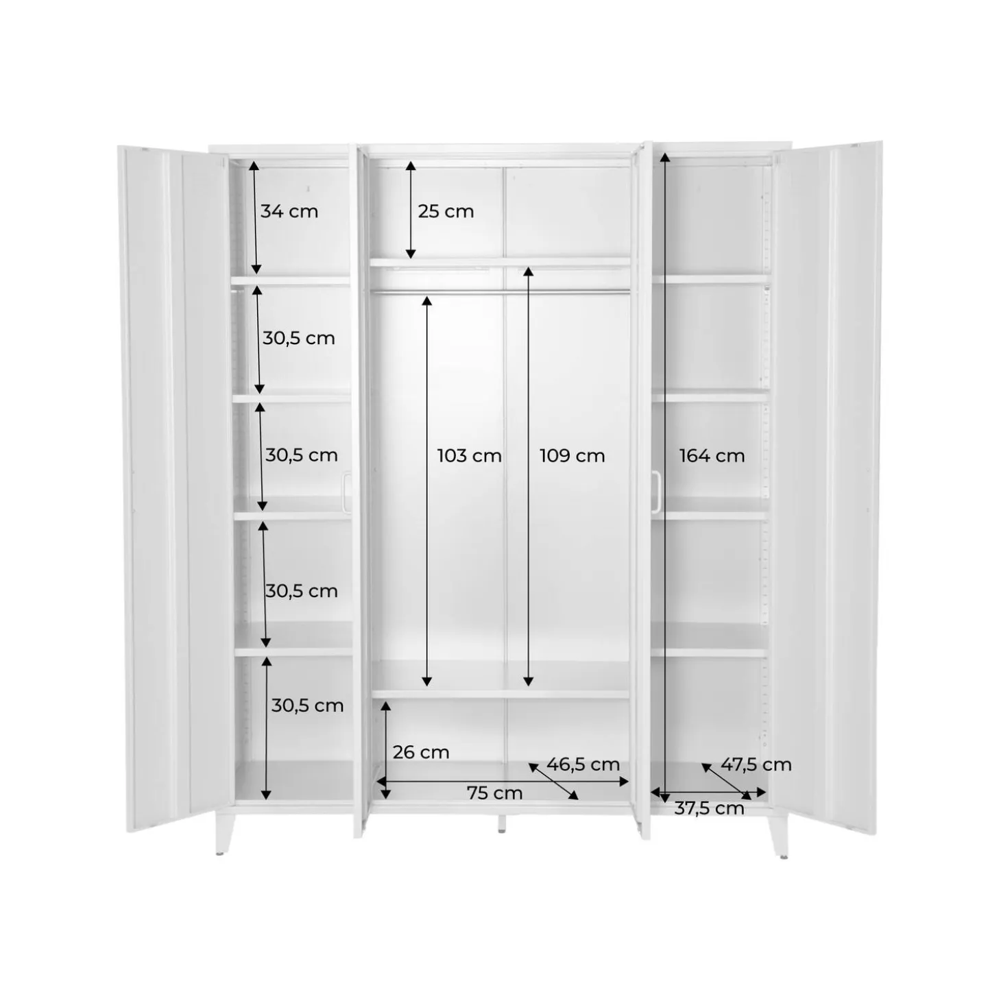 Armario/vestidor industrial de metal 4 puertas, 10 estantes, 1 barra de colgar