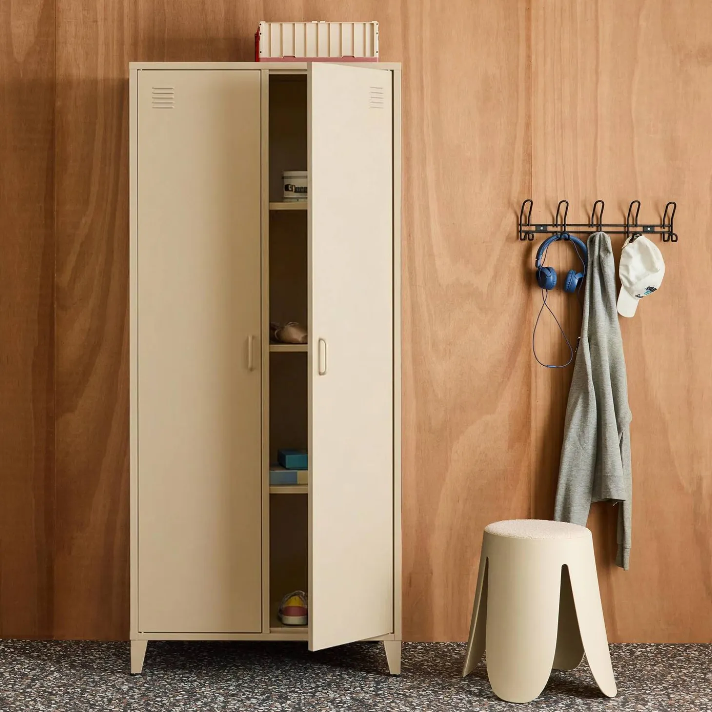 Armario/vestidor industrial de metal 2 puertas, 4 estantes, 1 barra para colgar