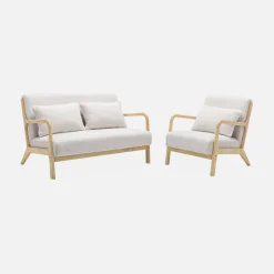 Banco de 2 plazas + sillón de madera con borreguito