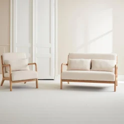 Banco de 2 plazas + sillón de madera con borreguito