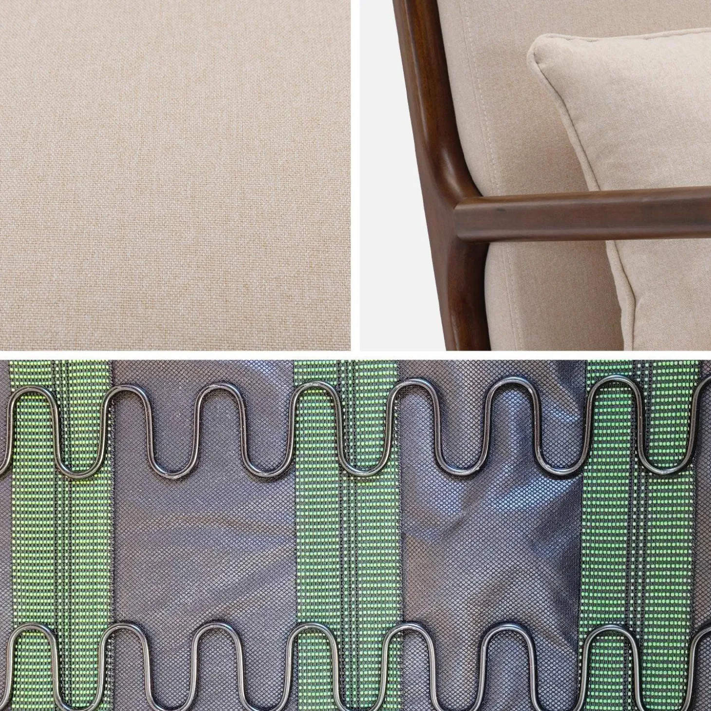 Banco de 2 plazas + sillón de tela beige, madera de hevea teñida madera oscura