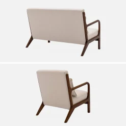 Banco de 2 plazas + sillón de tela beige, madera de hevea teñida madera oscura