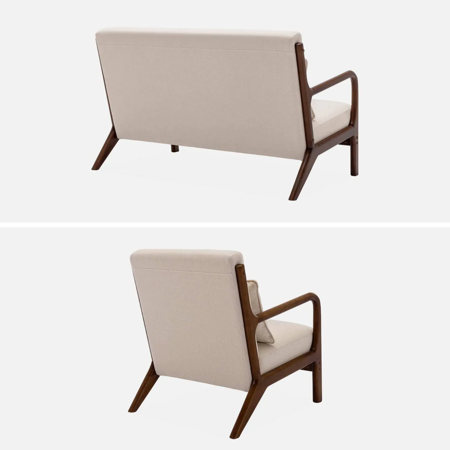 Banco de 2 plazas + sillón de tela beige, madera de hevea teñida madera oscura