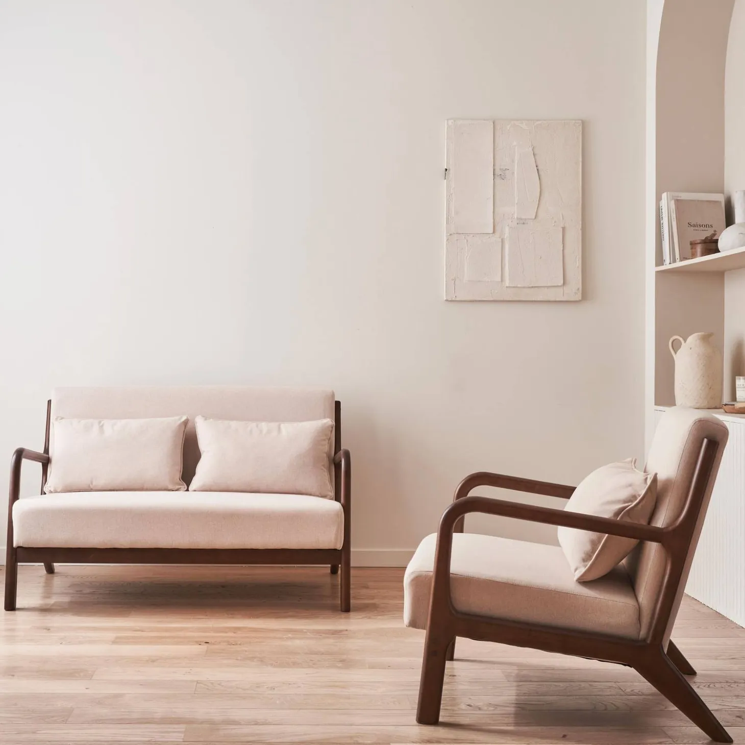 Banco de 2 plazas + sillón de tela beige, madera de hevea teñida madera oscura