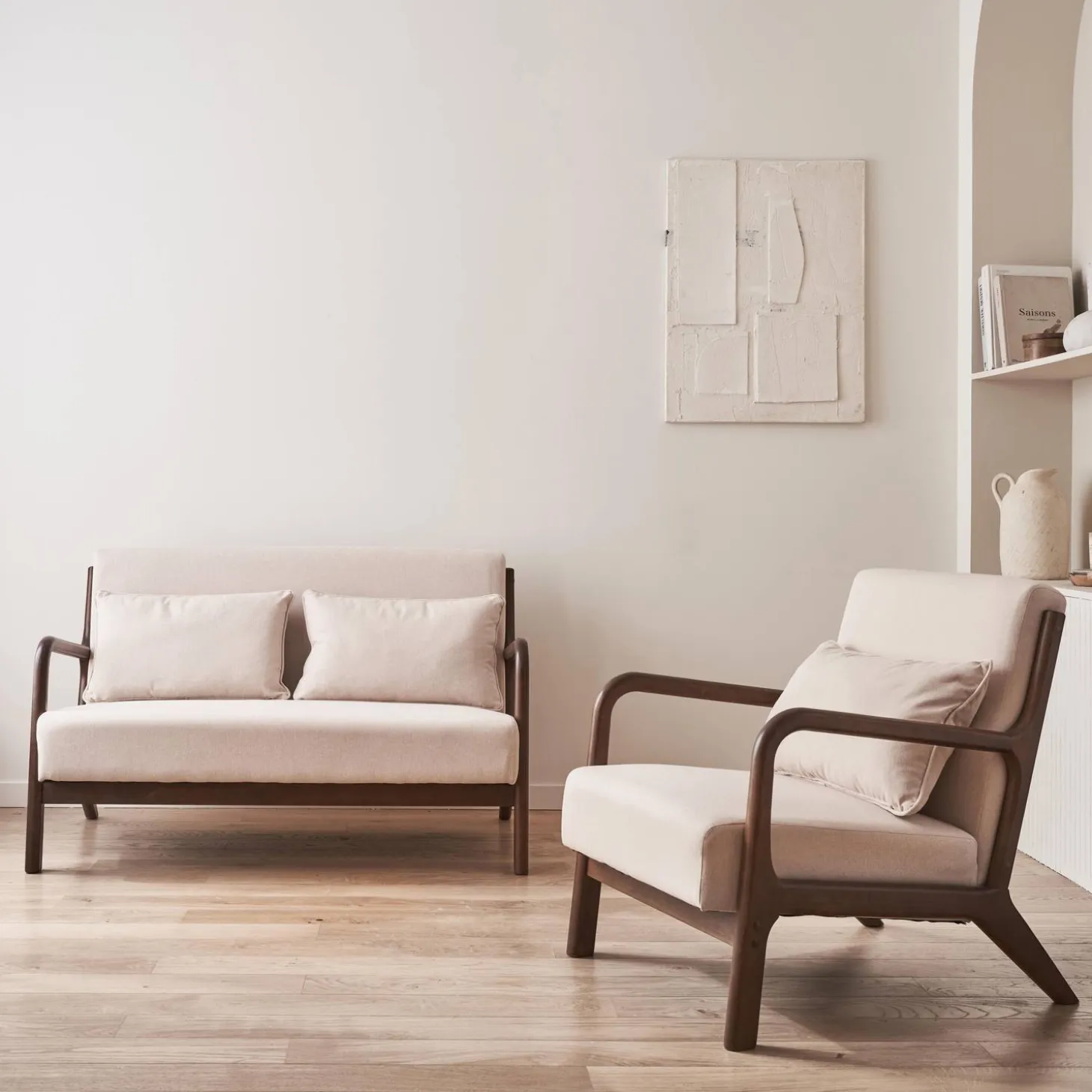 Banco de 2 plazas + sillón de tela beige, madera de hevea teñida madera oscura
